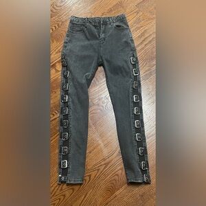 Edgy Charcoal Skinny Jeans with Buckle Straps